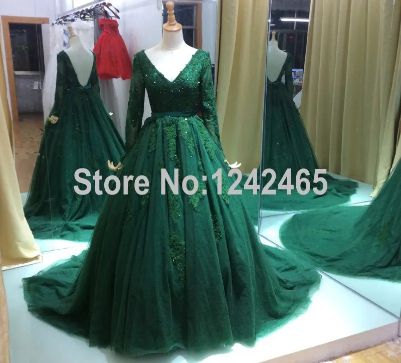 2016 Baljurk V-hals Geappliceerd Kralen Groen Avondjurken Floor Lengte Sexy Backless Formele Avondjurk Met Mouwen QM176