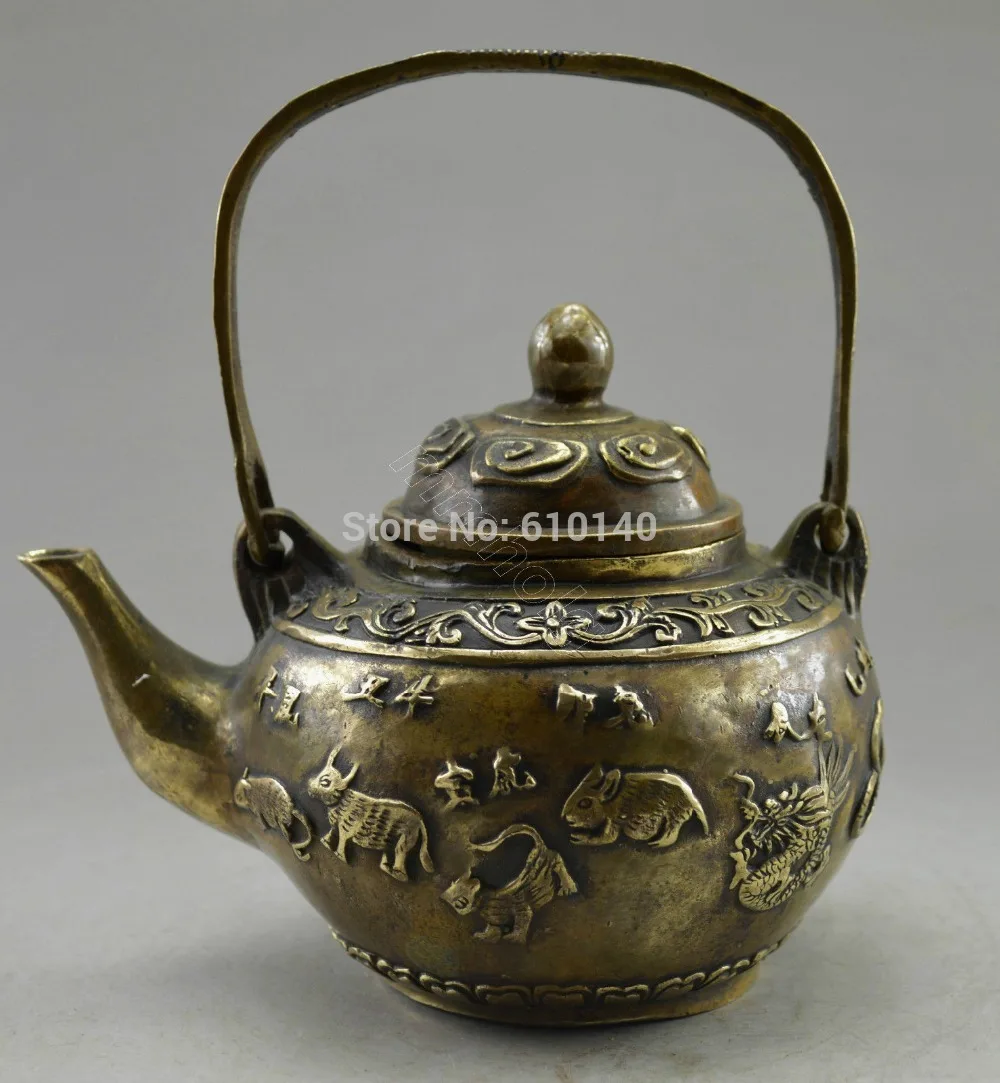 

Collectible Decorated Old Handwork Copper Carved China 12 Zodiac Tea Pot
