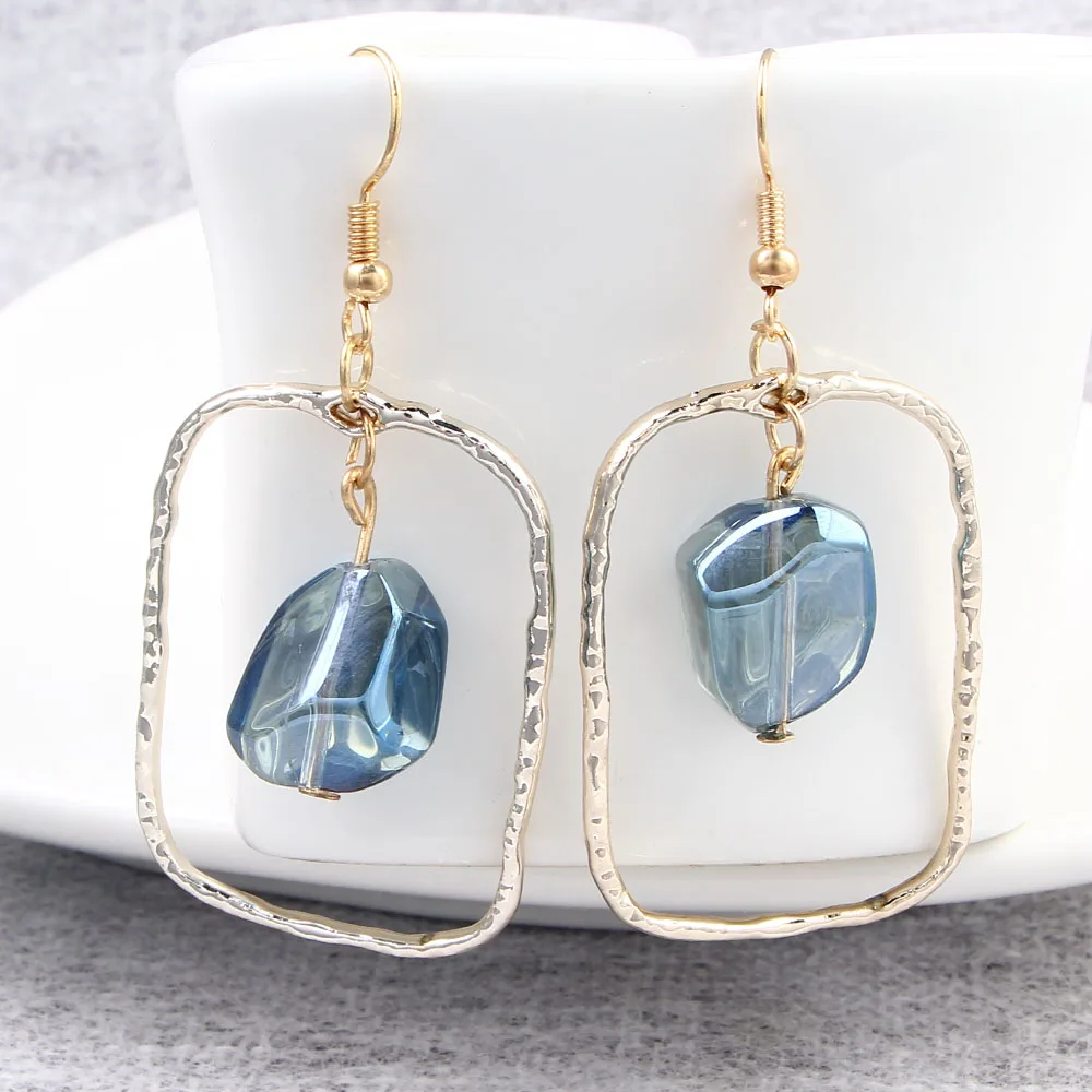 

Personality Fashion Jewelry Big Circle Drop Earrings Blue purple Pink Stone Metal Dangle Earring Hook Square Ear Drop Women Gift