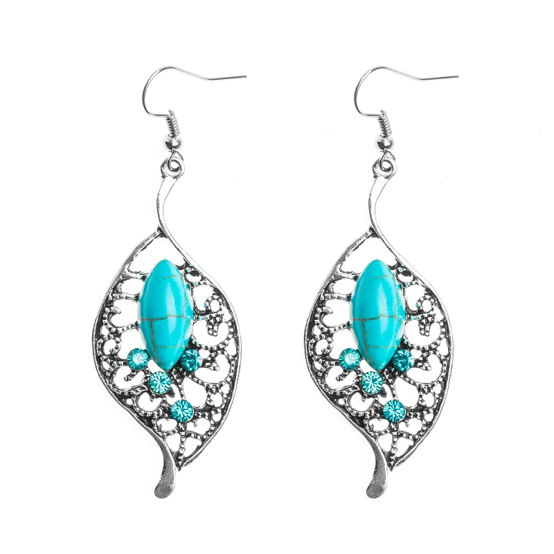 

SHUANGR 1 Pair New Fashion Girls Ethnic Trend Hollow Natural Stone Leaves Shape Tibet Silver color Earrings