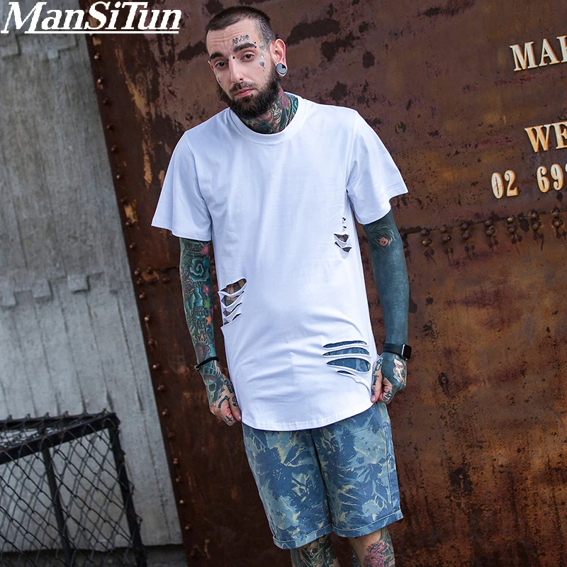 

New summer Long T Shirt Men Fashion Hole Design Fitness T-shirt Summer Short Sleeve Solid Slim Fit Hip Kanye West Hop Tshirt