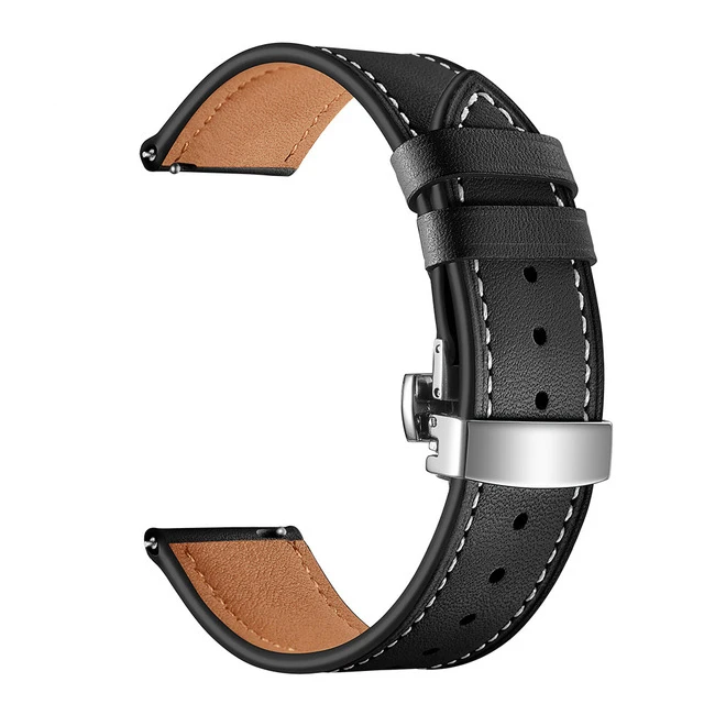 20mm 22mm Butterfly clasp Leather Band for Samsung Galaxy Watch 46mm 42mm Active Bracelet Strap for Gear Sport S3 S2 Classic - Цвет ремешка: Silver Black