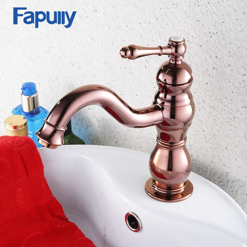 

Fapully Deck Mounted Bathroom Sink Single Level Basin Water Faucet Rose Golden Basin Single Handle Mixer Tap 564-11R