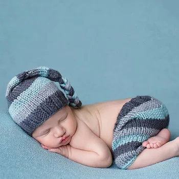 

Newborn crochet outfits Infant braid tail hat and striped pants handmade costumes photography accessories props newborn baby
