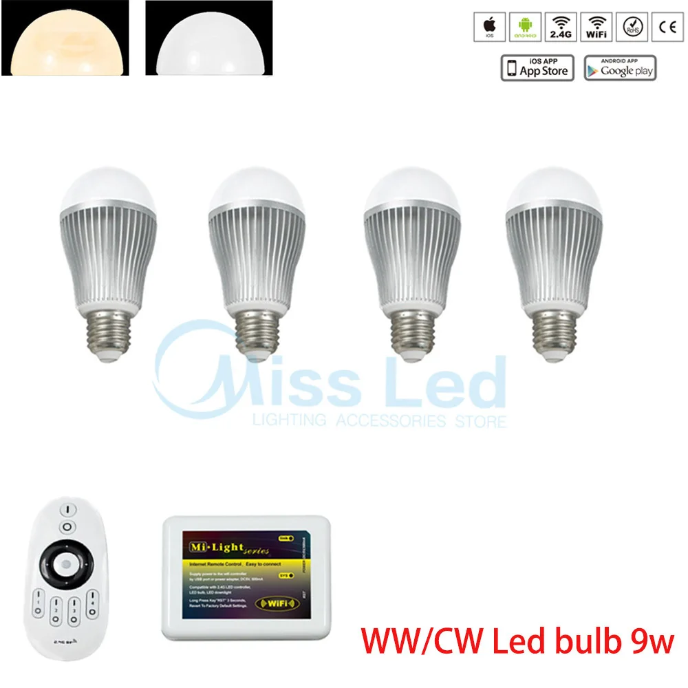 

4 pcs Warm/Cold White 9W E27 Wifi LED Bulb + 2.4G 4-zones Wireless Remote + Mi light Wifi controller via IOS Android For bulb