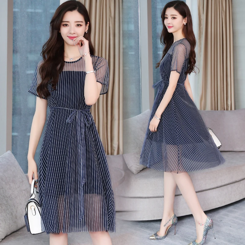 

2XL Plus Size Summer Mesh Striped Midi Chic Dress Boho 2019 New Elegant Korean Women Party Maxi Sundresses Casual Beach Vestidos