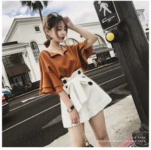 

2018 Women's new temperament fashion loose trend of pure color five-point sleeve + casual comfort shorts suit elegant two-piece