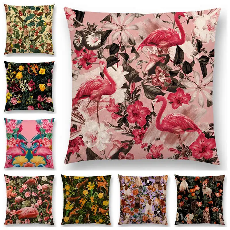 

Hot Sale Animals Floral Prints Flamingo Cat Dog Birds Deer Panther Toucan Tropical Vintage Cushion Cover Sofa Throw Pillow Case
