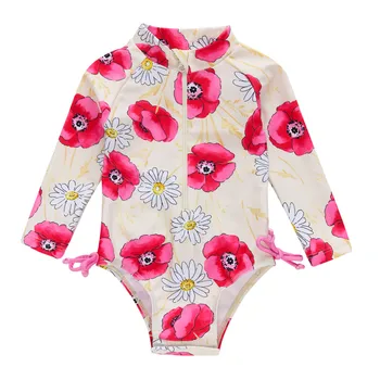 

Kavkas Baby Girls Swimsuit Flower Printed Long Sleeve Sunscreen Summer Girl Swimming Newborn Toddler One Piece Swimwear
