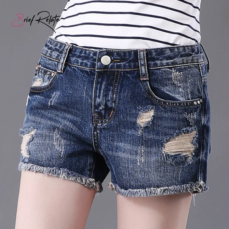 

Brief Relate Summer Fashion Style Denim Shorts High Waist Jeans Blue Black Ripped Hole Washed Star Letter Pattern Jean