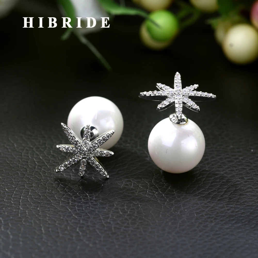 

HIBRIDE Latest Design Women's Star Shape Marquise Cut AAA Cubic Zirconia Pave Pearl Stud Earring with Crystal Women FashionE-457