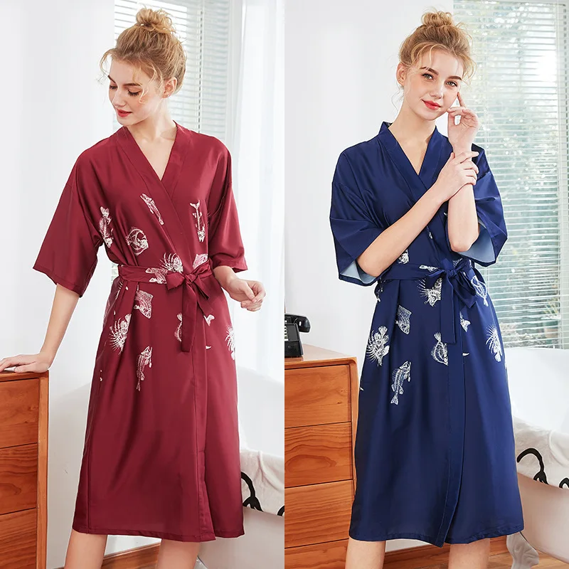 Женское шелковое соблазнительное кимоно, халат длиной до колена, атласный банный халат с рыбьей костью, красная Свадебная Пижама для невесты
