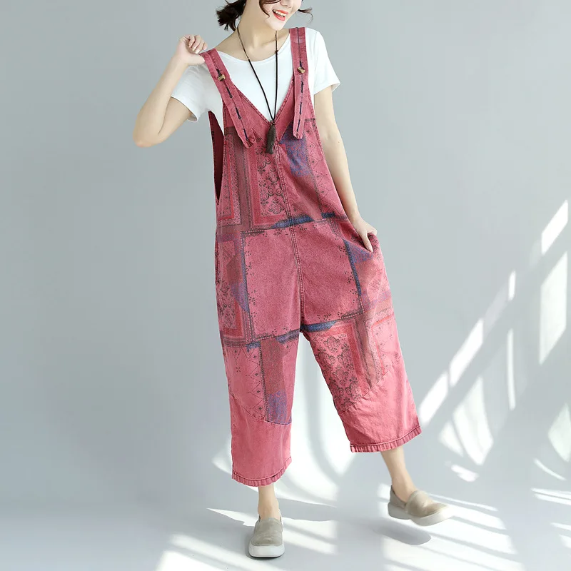 

Johnature Women Denim Jumpsuits Print Floral 2019 Summer New Pockets Plus Size Women Clothes Vintage Casual Women Jumpsuits
