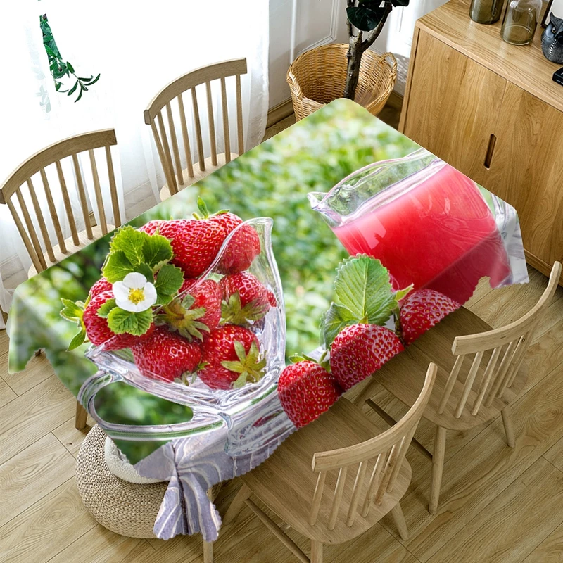 

3D Fruit Cherry Pattern Tablecloth Green Vegetables Dustproof Washable Cloth Thicken Cotton Rectangular and Round Table Cloth