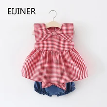 2 шт. Платье для маленьких девочек+ трусики/штаны на подгузник с большой бант новые хлопковые Комплект одежды для девочек летнее платье с узором в горошек детская одежда для малышки