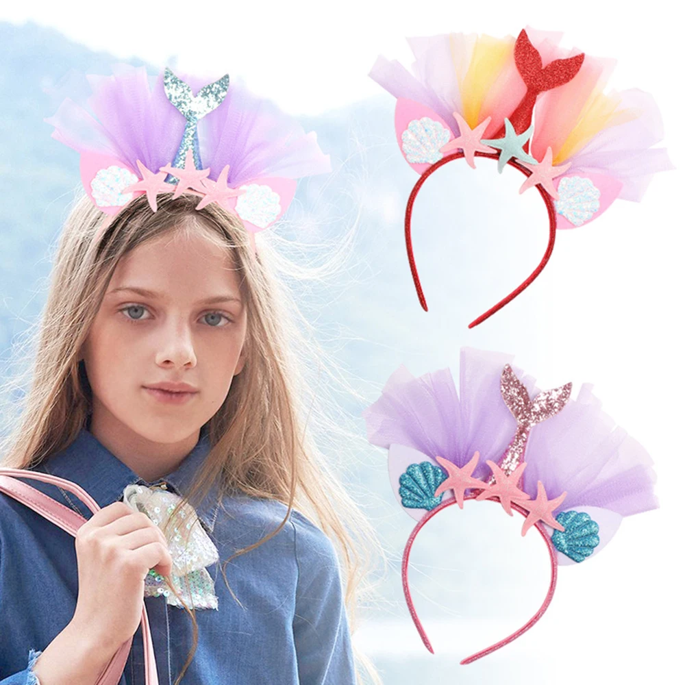 

Oaoleer Hair Accessories Rainbow Mermaid Headband Princess Mesh Yarn Shell Flower Animal Hairbands Hoop Children Party
