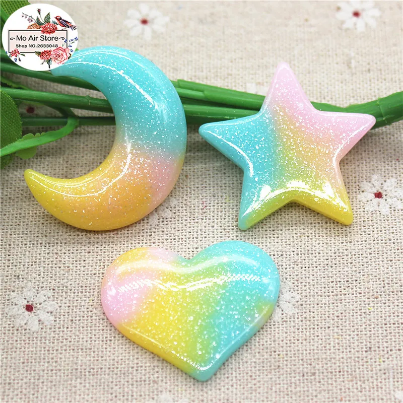 10pcs/20pcs star/unicorn/heart/Crescent Bright powder shiny Resin Flackback Cabochon Art Supply Decoration Charm Craft
