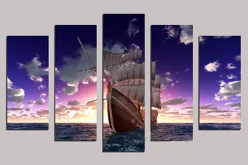 

Modern Wall Art Home Decoration Printed Oil Painting Pictures 5 Piece HD Canvas Prints Large Sailing Boat on the Sea Landscape