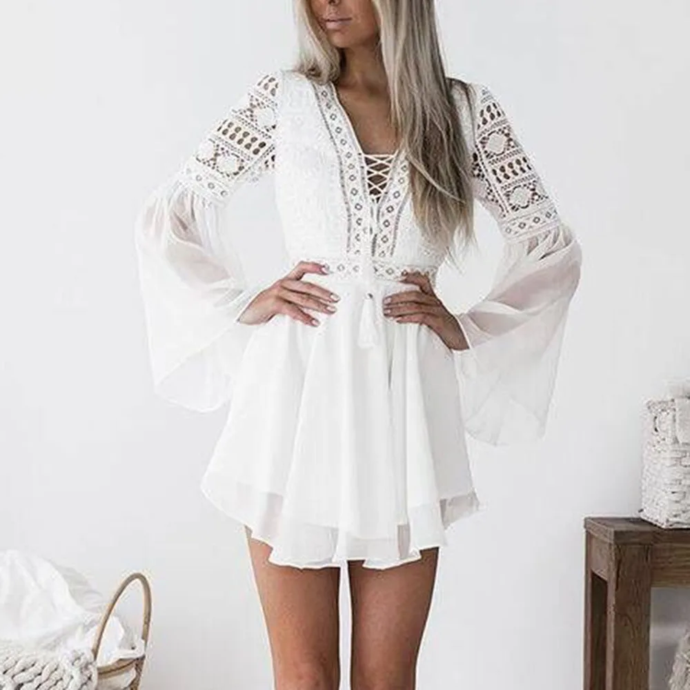 

FREE OSTRICH bohemian Women dress Hollow Out Chiffon Dress Sexy Women Mini Dress Criss Cross Bandage Lace Long Sleeve Dress