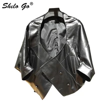 Шило GO кожаная куртка Женская Весенняя мода Овчина натуральная кожа пальто с круглым вырезом рукав "летучая мышь" Двубортное Свободное пальто