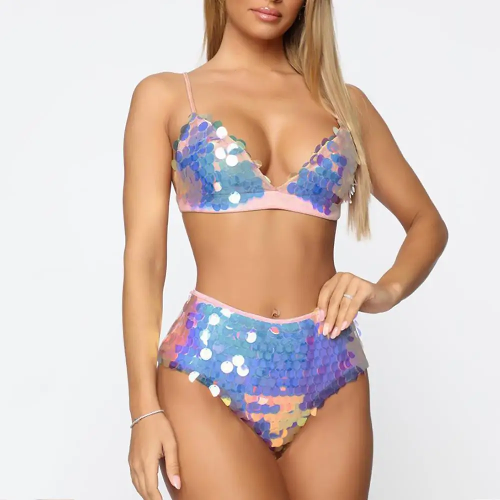 

Sexy Women Brazilian Sequins Bandage Swimsuit Bikini Set Blue Push Up monokini Low Waist Bathing Beachwear Swimwear