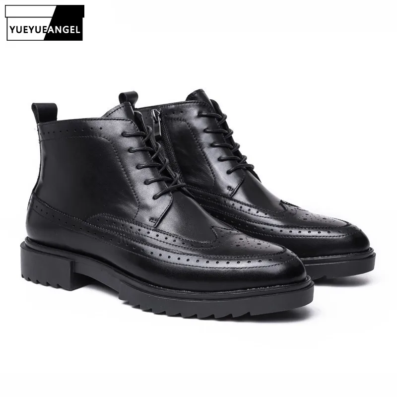 

Vintage Lace Up Boots Men British Pointed Toe Genuine Leather Brogue Boots Winter Height Increasing Ankle Shoes Men Black