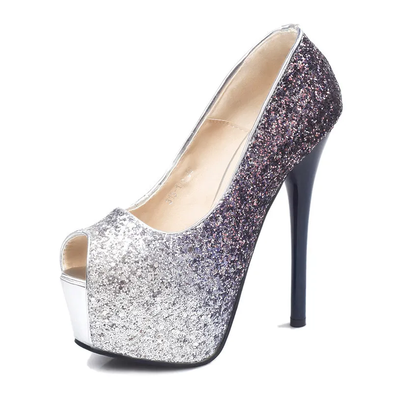

2019 spring and autumn new sequins gradient color super high heel stiletto high heel women's shoes blue 0524