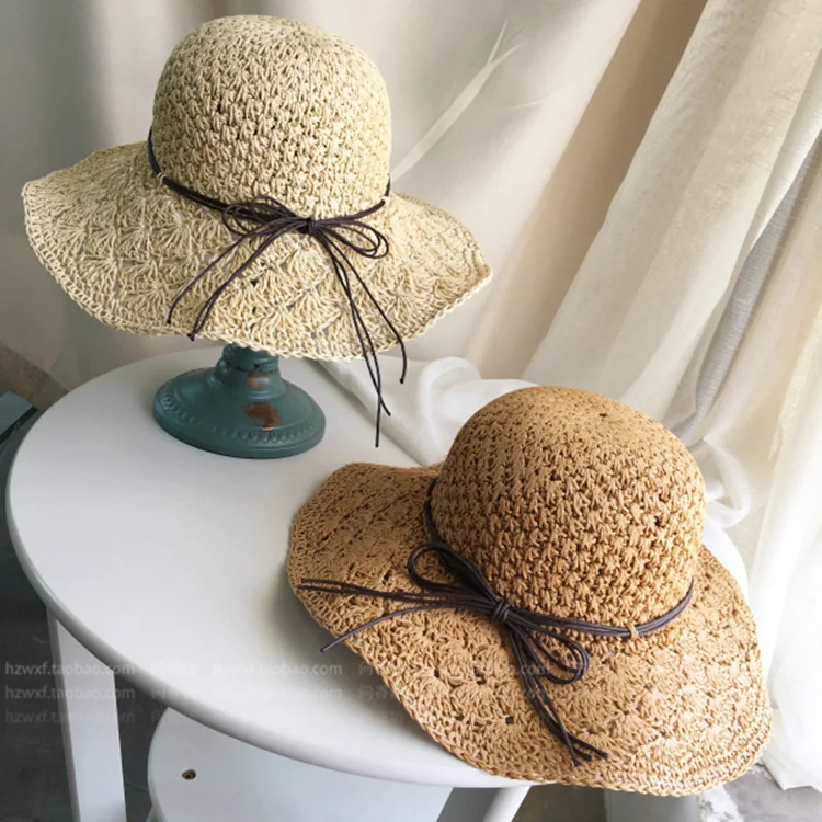 

Manual Weave Natural Woman Straw Hat Will Along Fold Sandy Beach Hats Seaside Bow Sun Hat Tide Woman Summer
