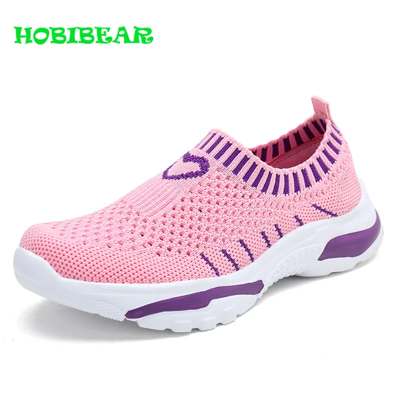 2019 New Casual Flat Sneakers knitting Girls Running Shoes Slip-on Big Kids Sport Shoe Girls Black Pink Walking Jogging Sneakers