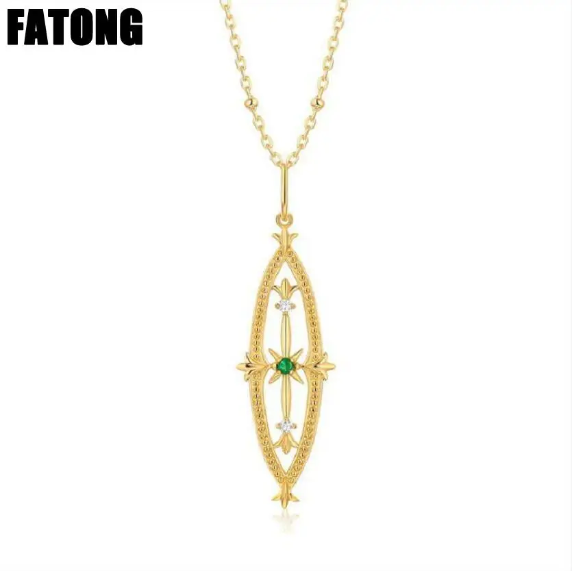 

New 925 sterling silver Japanese and Korean fashion natural emerald hollow necklace female. J0323