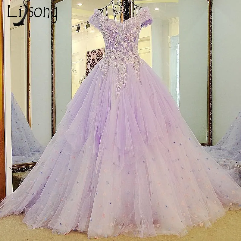 Romantic Lilac Evening Dresses Flower Puffy Long Prom Gowns Double V ...