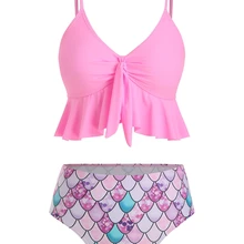 Женский купальник размера плюс с рюшами, Танкини с принтом рыбьей чешуи, купальник с высокой талией, пляжная одежда русалки, летний комплект бикини