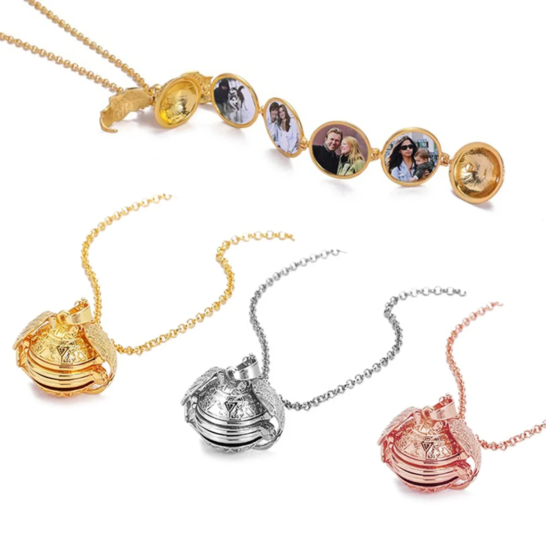 Expanding Photo Sweet Memory Locket Necklace For Women Men Antique Silver Angel Wings Carved Flower Long Chain Family Jewelry