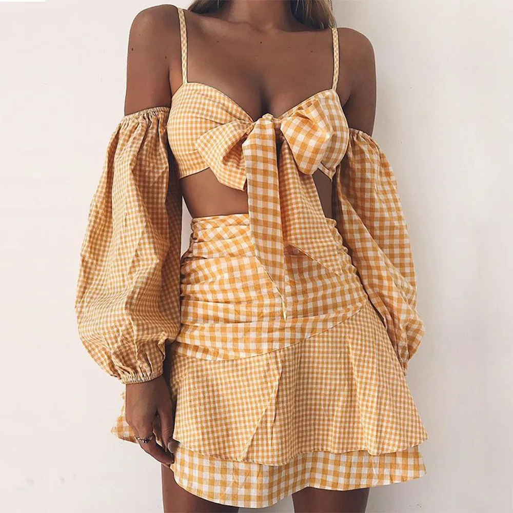 

Women Two-piece Lantern Sleeve Tube Top Cross-border Plaid Dress Slash Neck Plaid Mini Dress Sets Women Summer Fashion Hot Sets