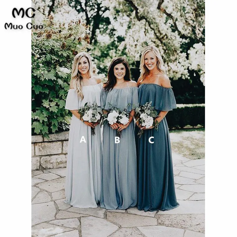 Long Chiffon Off the Shoulder Gray Mismatched Bridesmaid Dresses Cheap
