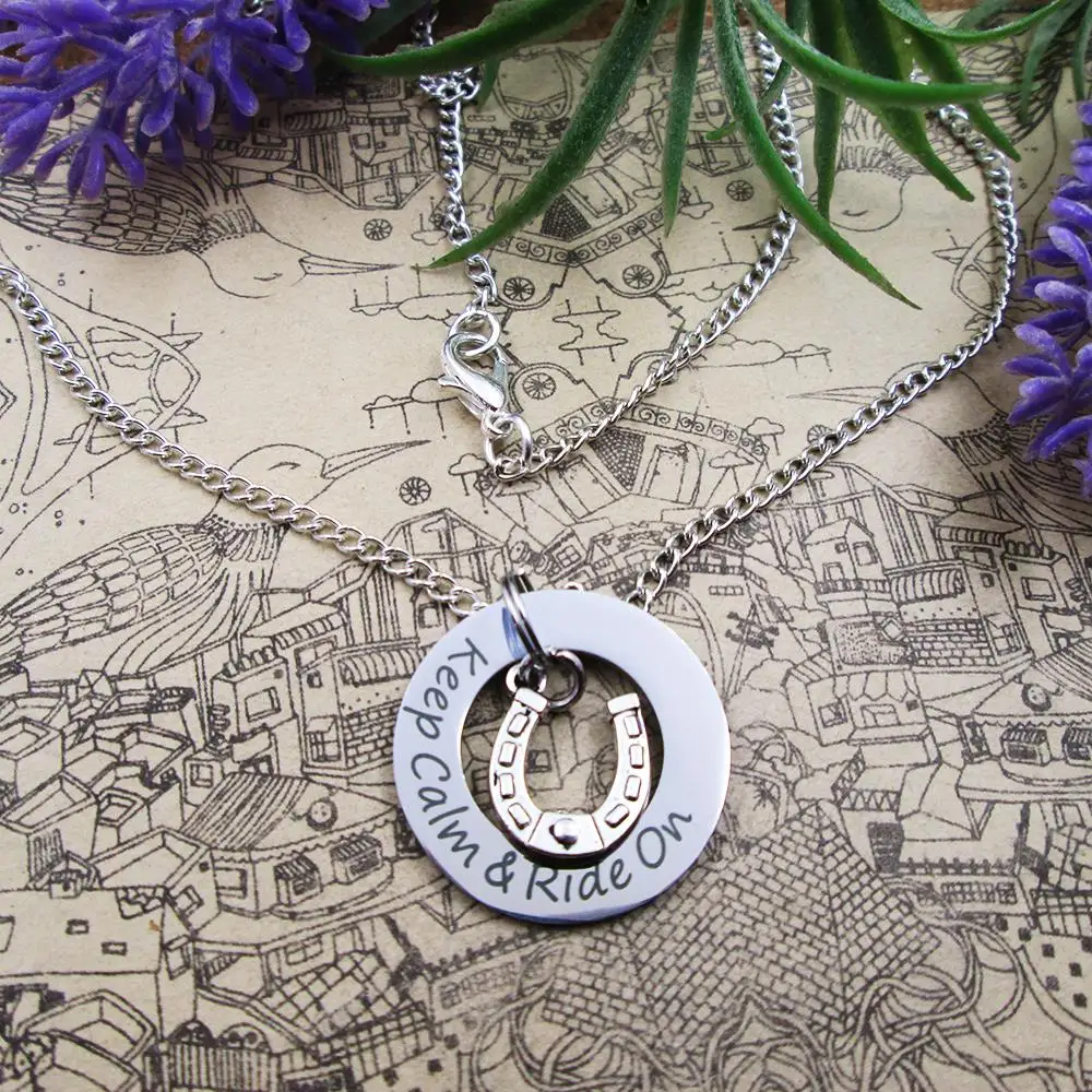 Fashion stainless steel charm keep Calm &amp Ride On with Horseshoe version 2silver plated Necklace birthday gift | Украшения и