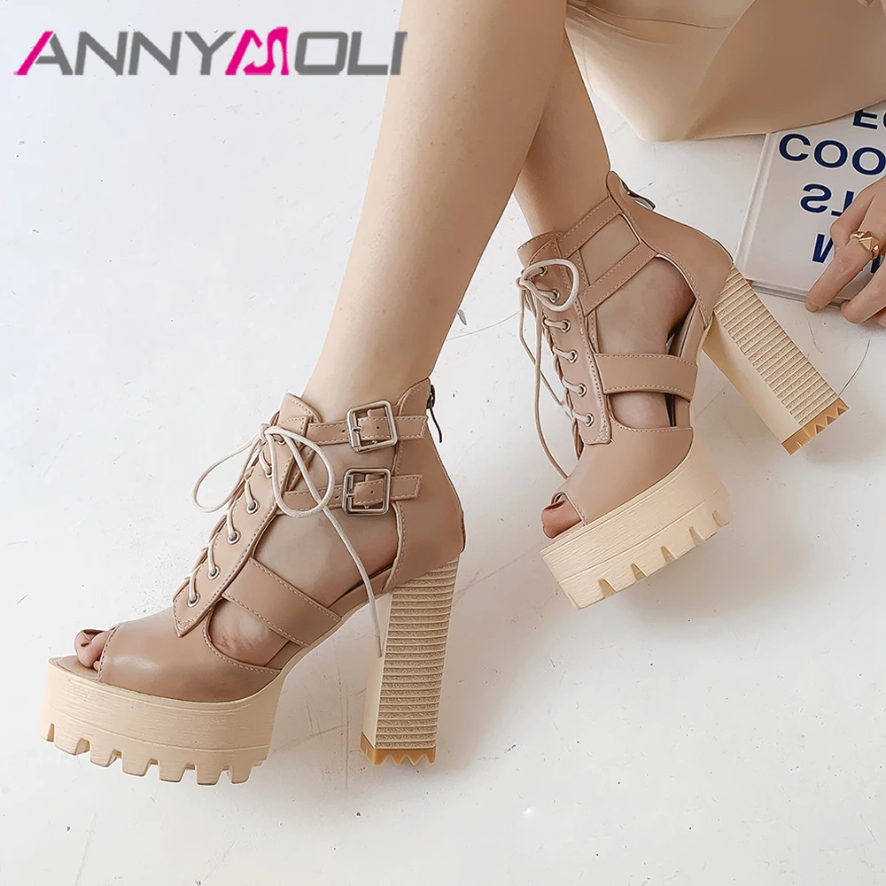 

ANNYMOLI Women Sandals Summer Gladiator Shoes Buckle Platform Square High Heels Shoes Zipper Peep Toe Sandals Ladies Size 33-42