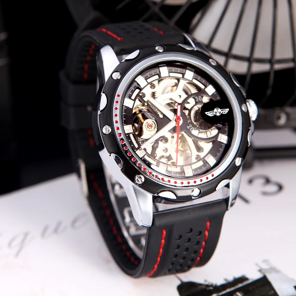 

Winner Fashionable Men's Skeleton Semi Automatic Mechanical Watch clock Classical Dial Design Silicone Wrist Band men's watches