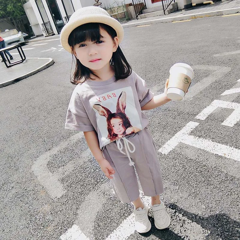 

Summer Children's Sets Kids Short Sleeve Cartoon Rabbit Print T-shirt Tops+Long Pants Two-Piece Suit Child Casual Clothing Sets