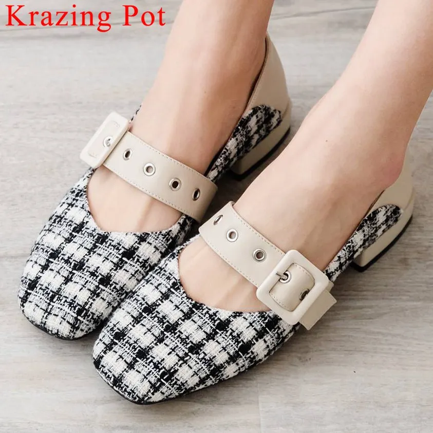 

Krazing Pot mixed colors buckle strap mixed colors low heels retro Hollywood movie star square toe pretty girls dating shoes L09