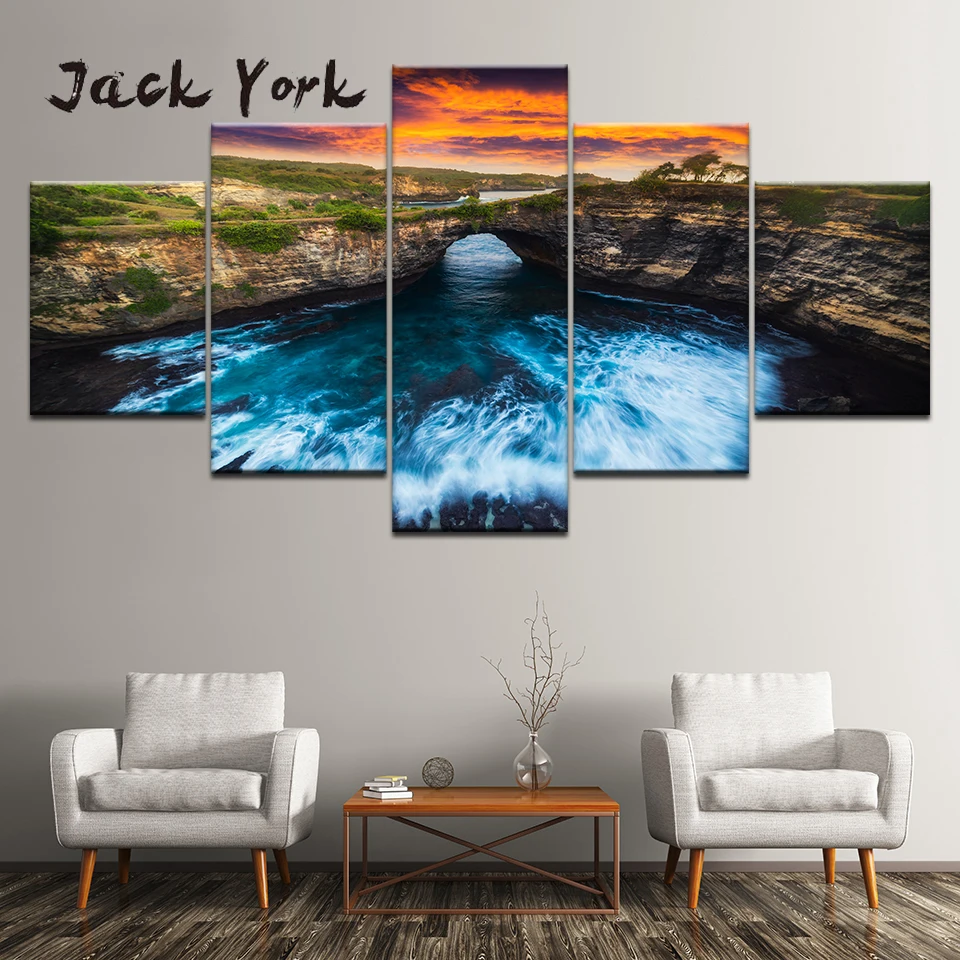 Canvas Painting landscape Rapid river under bridge 5 Pieces Wall Art Modular Wallpapers Poster Print Home Decor | Дом и сад