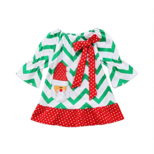 

US STOCK Christmas Toddler Kids baby Girl Dresses Santa Claus wavy print Party Clothes bow knot Sundress long sleeve dots Dress