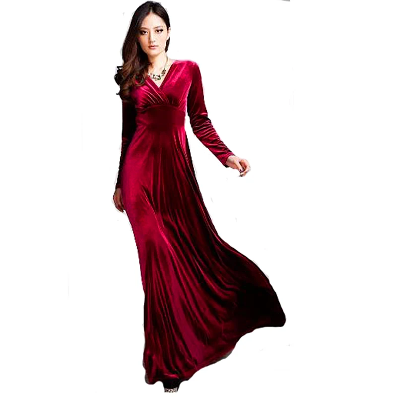 

2019 spring Fashion gold velvet long Dress vestioes Women V-neck full sleeve Dress elegant casual Europe United States style