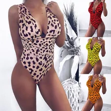 Сексуальное бикини с глубоким v-образным вырезом, пуш-ап, боди, монокини, розовый, красный, оранжевый, желтый, с леопардовым принтом, Цельный купальник, женский купальник
