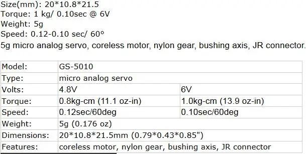 4 шт./лот GOTECK GS-5010MG микро Аналоговый сервопривод/5 г/0.8кг-см/0.12сек