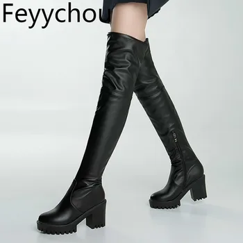 

Women Boots Autumn Winter Warm High Heel Over The Knee Round Toe Zip Platform Motorcycle Boots Pu 2019 Sexy New Fashion Black