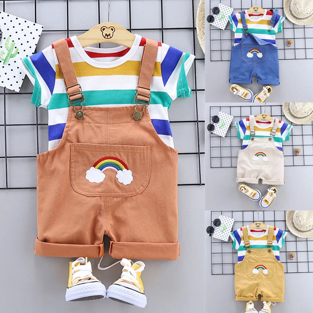Baby Boy Clothes Kids Rainbow Stripe Tops T-shirt Straps Short Outfits Set Spring Summer For 0-3 Year |