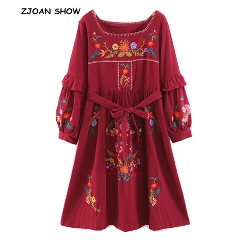 

2019 New Bohemian Square Collar Flower Embroidery Women Dress Ethnic Long Sleeve Tide BOW Sashes Dresses Femme Beach Vestido Red