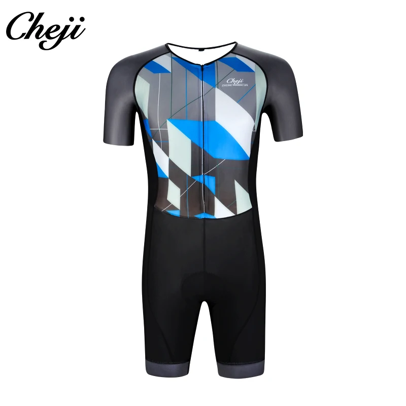 

CHEJI Custom Male Skinsuit Low Collar Short Sleeves Cycling Wear Triathlon For Cycling Swimming Running Men Style MITI Fabric
