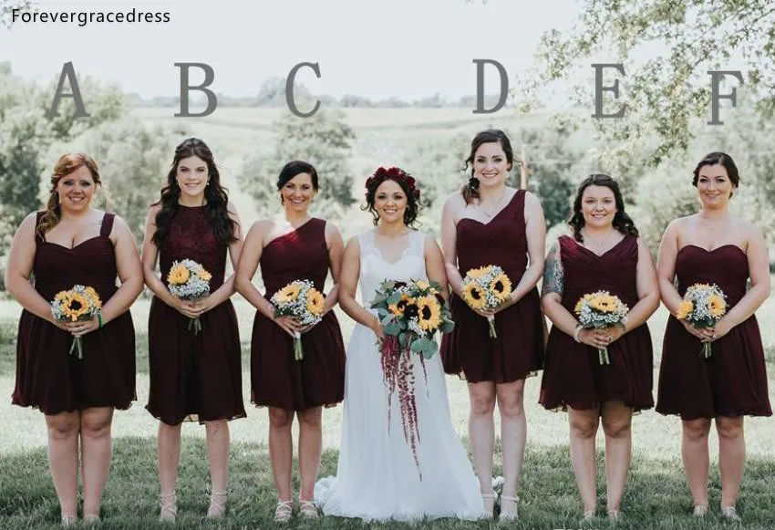 Burgundy Knee Length Bridesmaid Dresses Chiffon Ruched Beach Garden Plus Size Maid of Honor Gowns BM0185  66